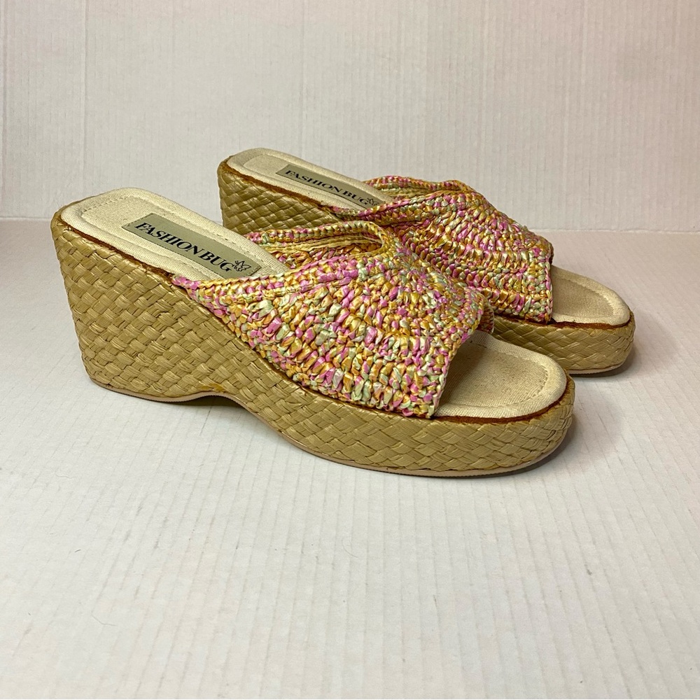 Fashion Bug Y2K Wedge Sandals Women’s 10 Platform Wicker Woven Chunky Slip On